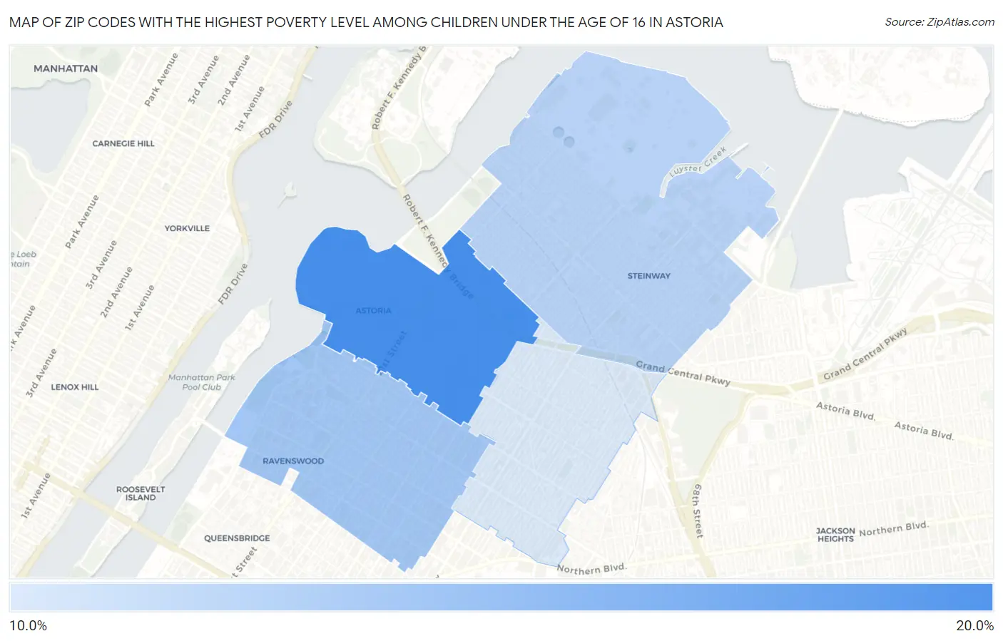 Zip Codes with the Highest Poverty Level Among Children Under the Age of 16 in Astoria Map