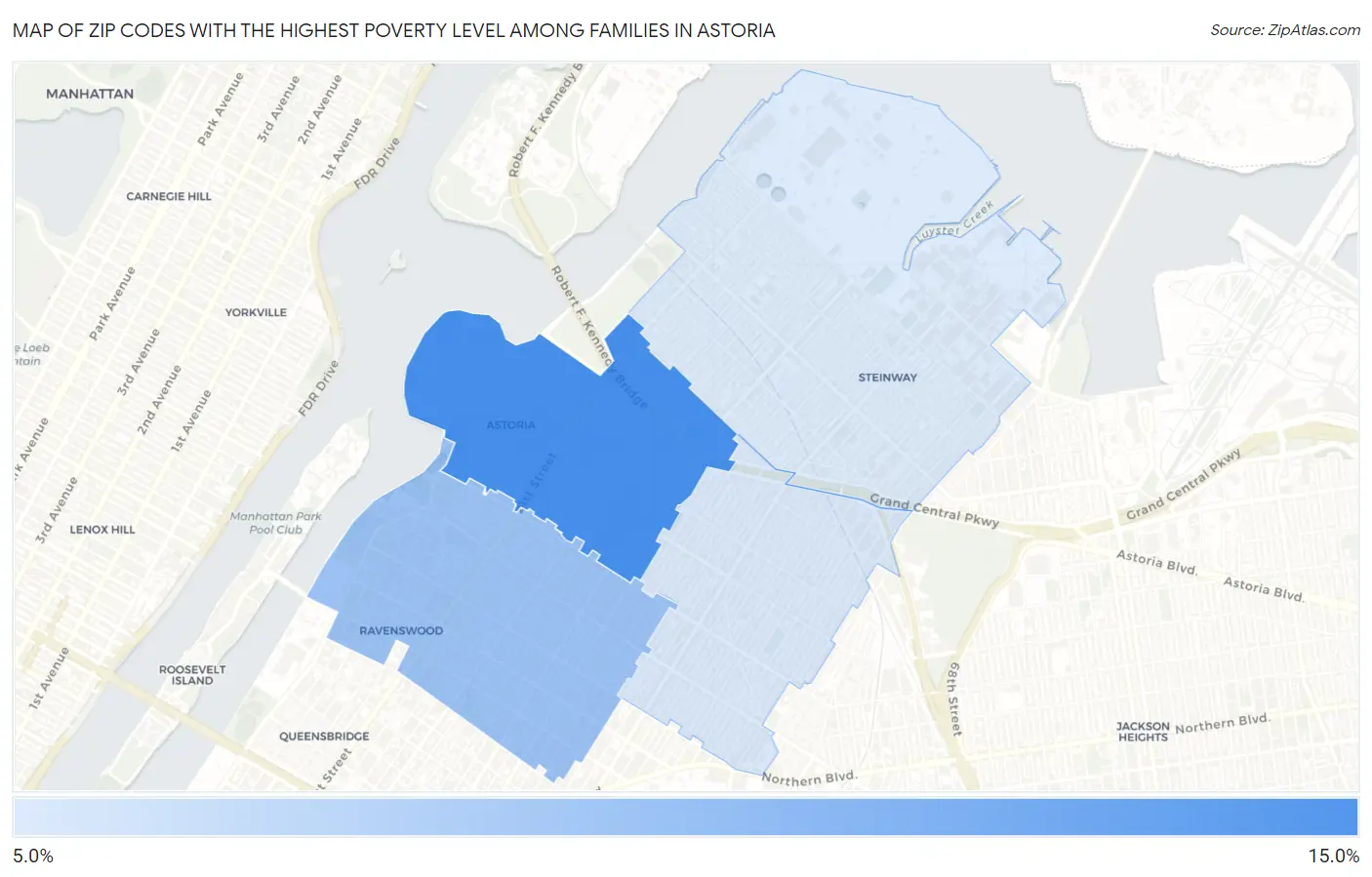 Zip Codes with the Highest Poverty Level Among Families in Astoria Map