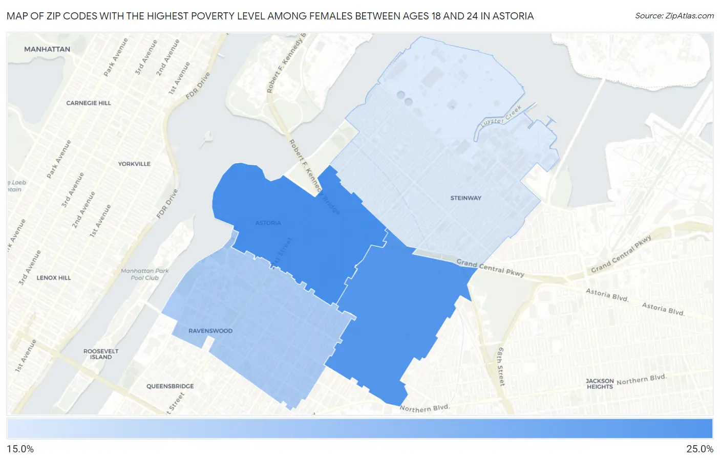 Zip Codes with the Highest Poverty Level Among Females Between Ages 18 and 24 in Astoria Map