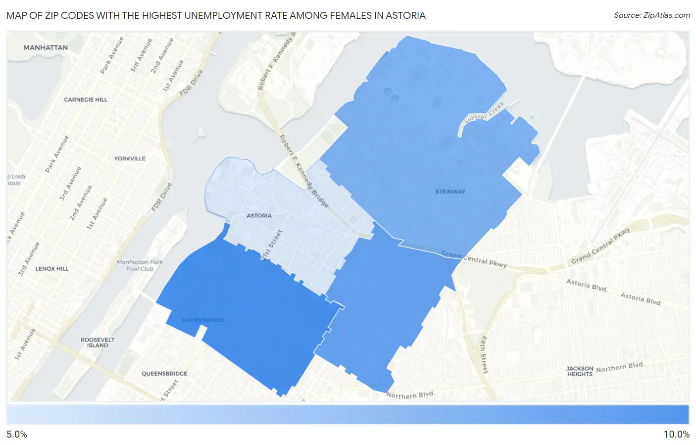 Zip Codes with the Highest Unemployment Rate Among Females in Astoria Map