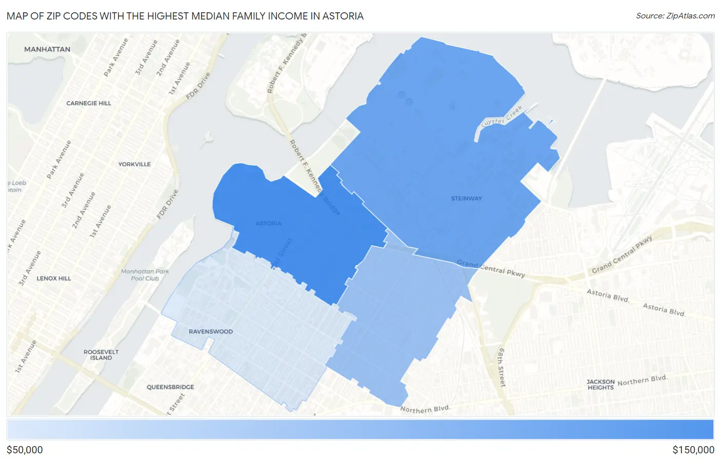 Zip Codes with the Highest Median Family Income in Astoria Map