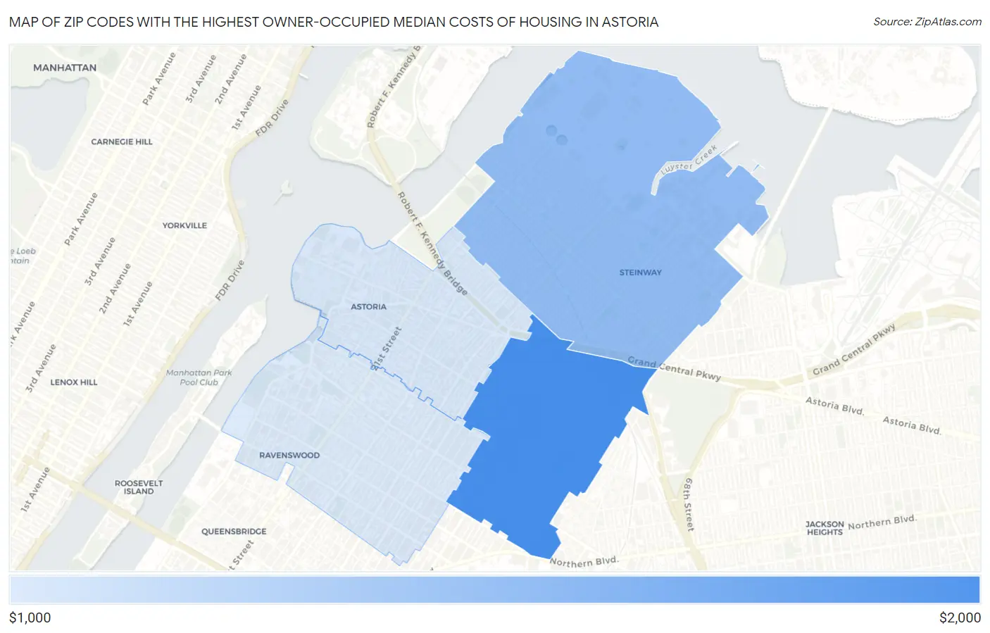 Zip Codes with the Highest Owner-Occupied Median Costs of Housing in Astoria Map