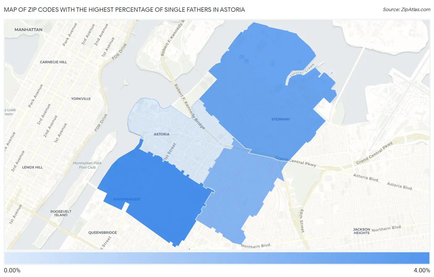 Zip Codes with the Highest Percentage of Single Fathers in Astoria Map