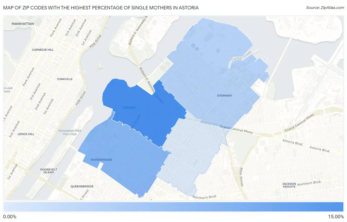 Zip Codes with the Highest Percentage of Single Mothers in Astoria Map