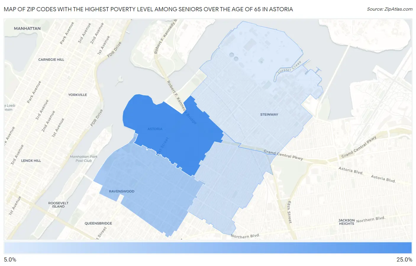 Zip Codes with the Highest Poverty Level Among Seniors Over the Age of 65 in Astoria Map