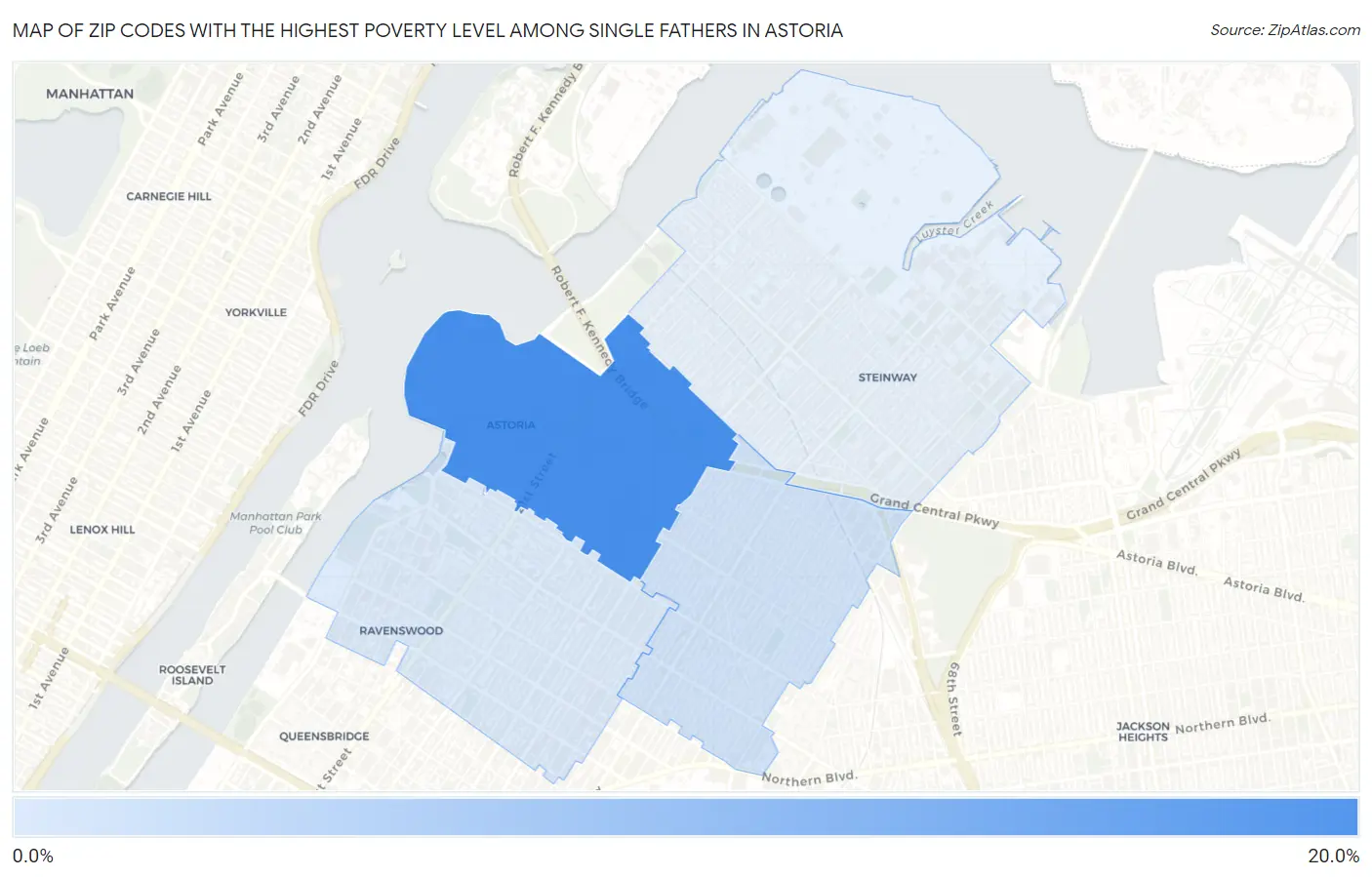 Zip Codes with the Highest Poverty Level Among Single Fathers in Astoria Map