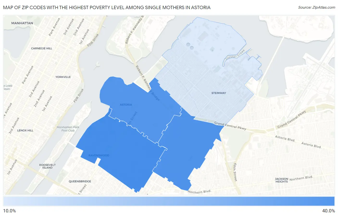 Zip Codes with the Highest Poverty Level Among Single Mothers in Astoria Map