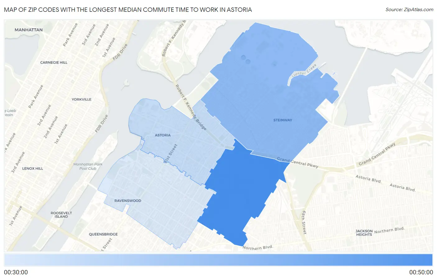 Zip Codes with the Longest Median Commute Time to Work in Astoria Map