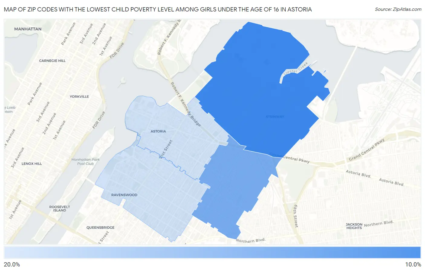 Zip Codes with the Lowest Child Poverty Level Among Girls Under the Age of 16 in Astoria Map