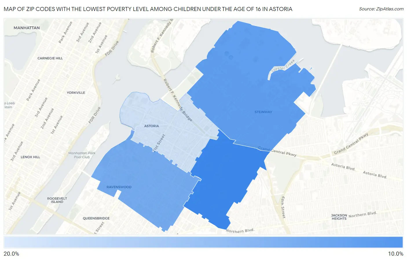 Zip Codes with the Lowest Poverty Level Among Children Under the Age of 16 in Astoria Map