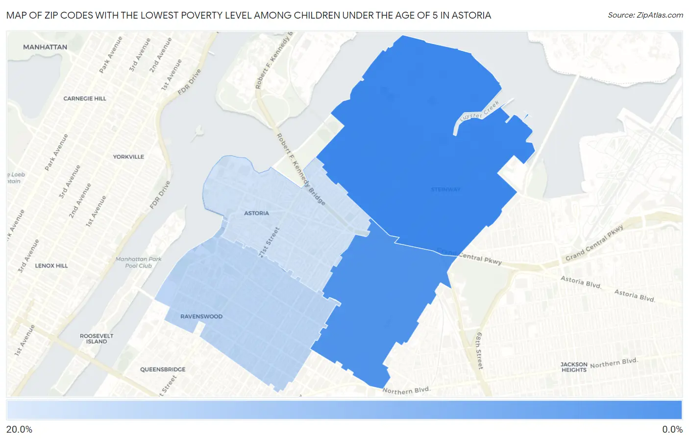 Zip Codes with the Lowest Poverty Level Among Children Under the Age of 5 in Astoria Map