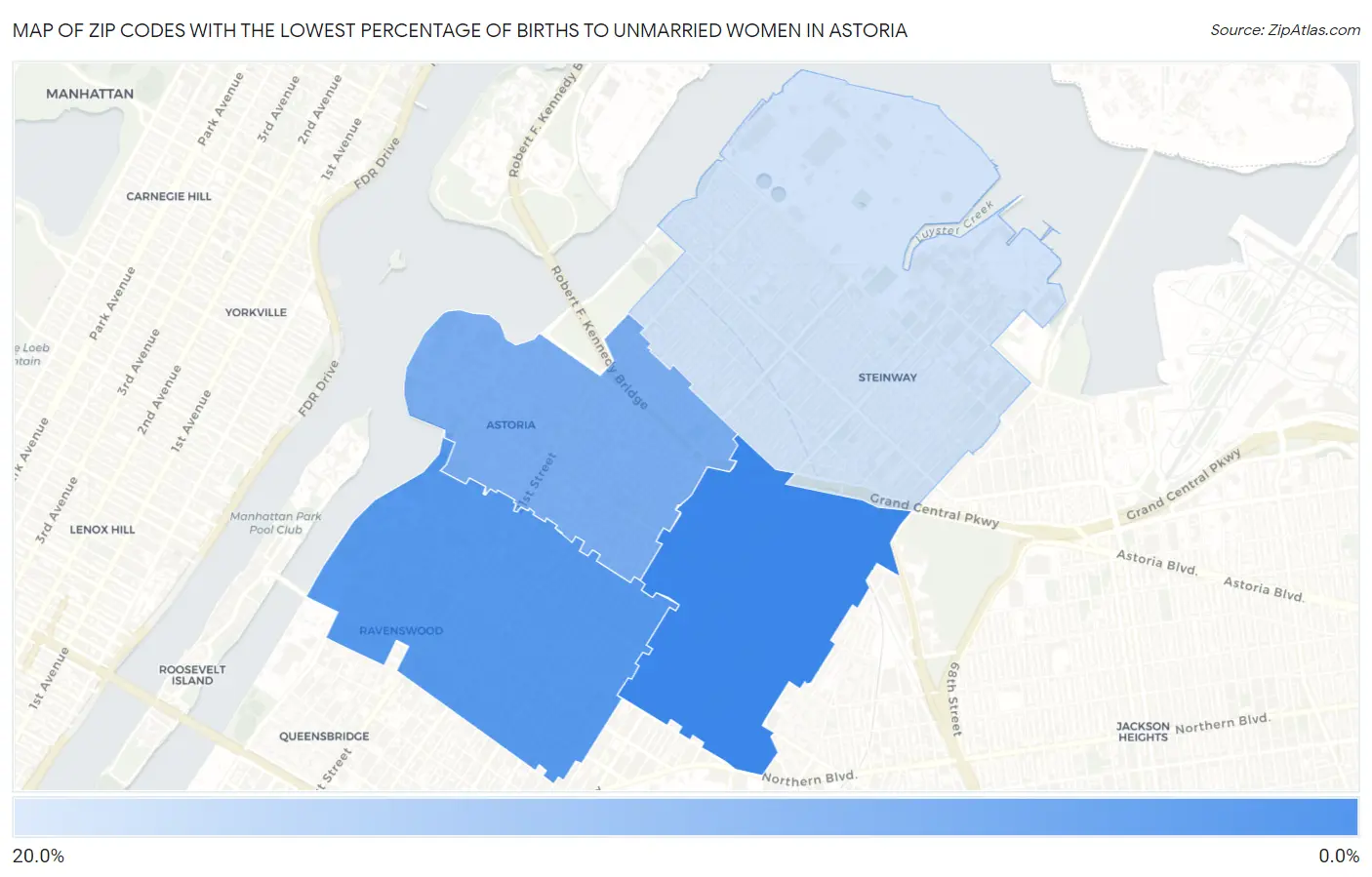 Zip Codes with the Lowest Percentage of Births to Unmarried Women in Astoria Map