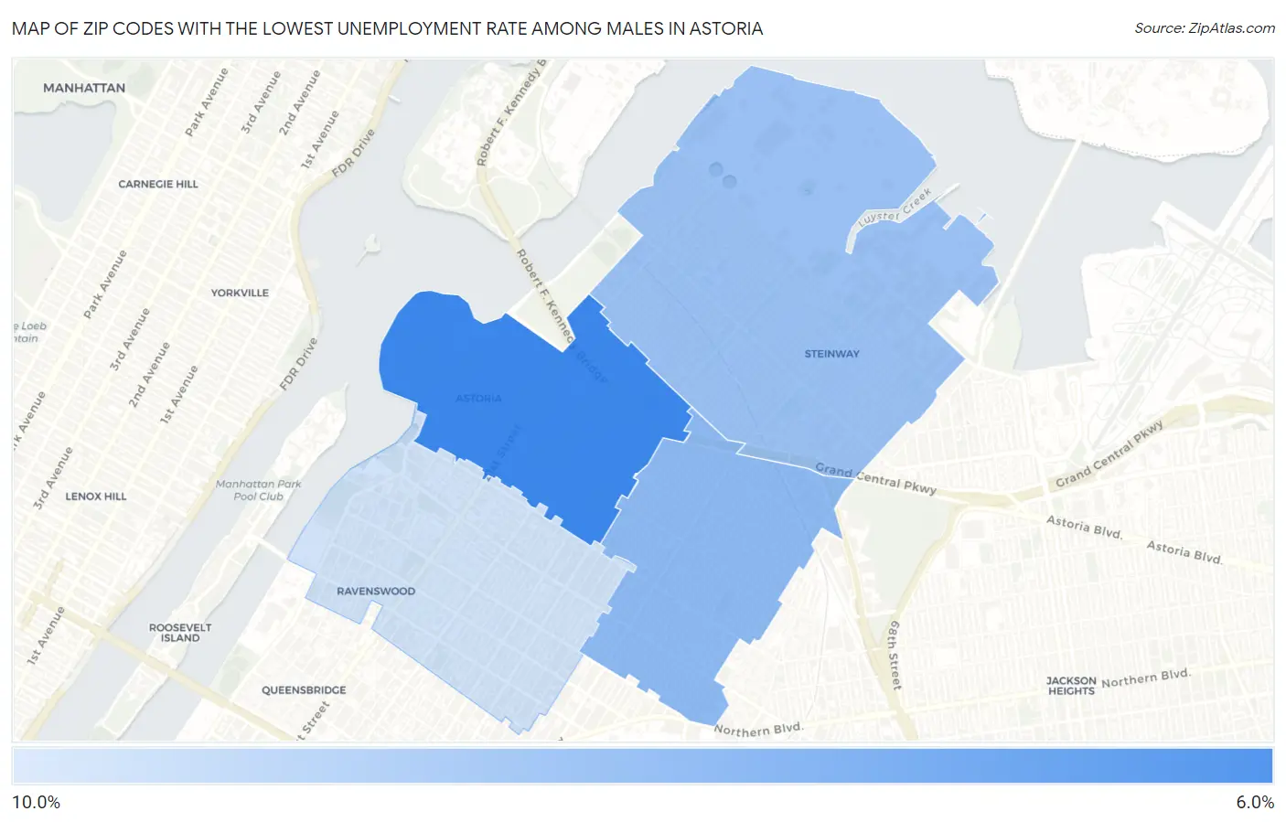 Zip Codes with the Lowest Unemployment Rate Among Males in Astoria Map