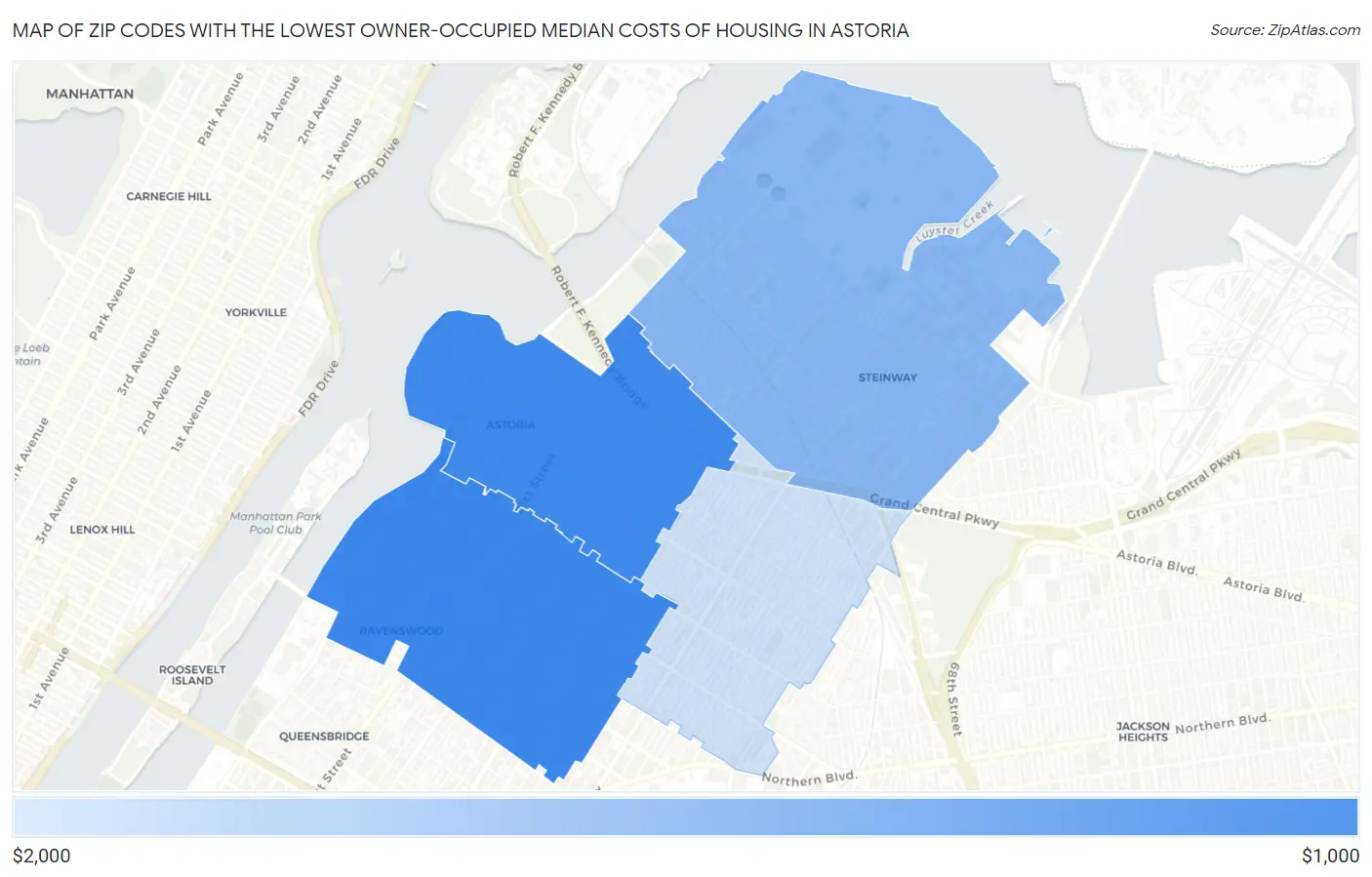 Zip Codes with the Lowest Owner-Occupied Median Costs of Housing in Astoria Map