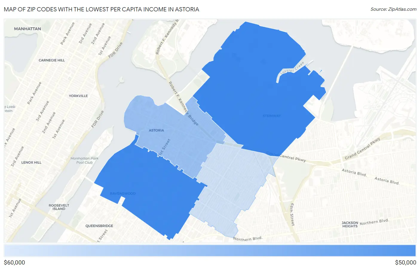 Zip Codes with the Lowest Per Capita Income in Astoria Map