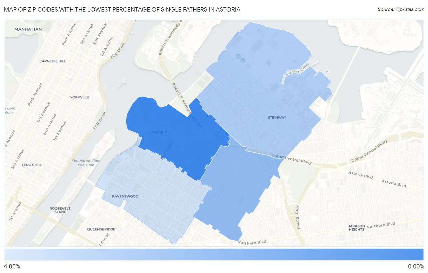 Zip Codes with the Lowest Percentage of Single Fathers in Astoria Map