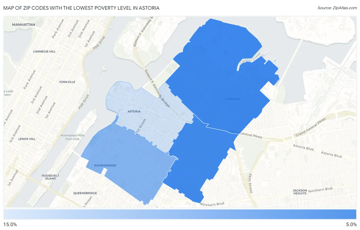 Zip Codes with the Lowest Poverty Level in Astoria Map