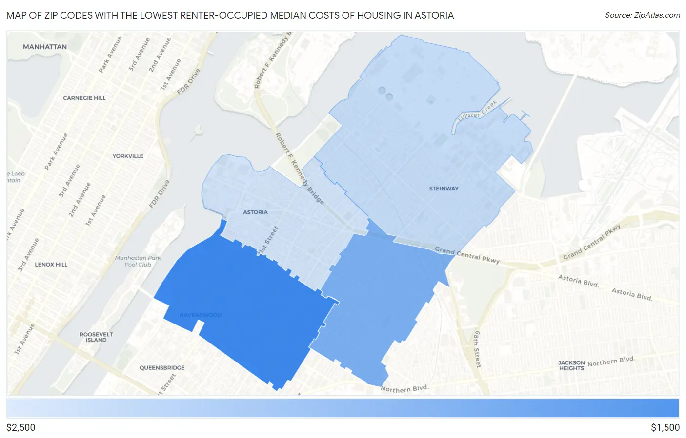 Zip Codes with the Lowest Renter-Occupied Median Costs of Housing in Astoria Map