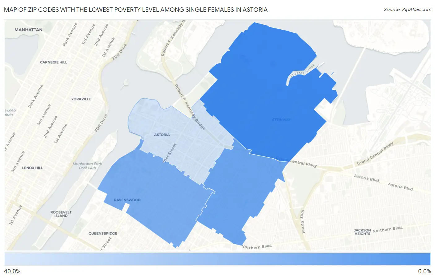 Zip Codes with the Lowest Poverty Level Among Single Females in Astoria Map