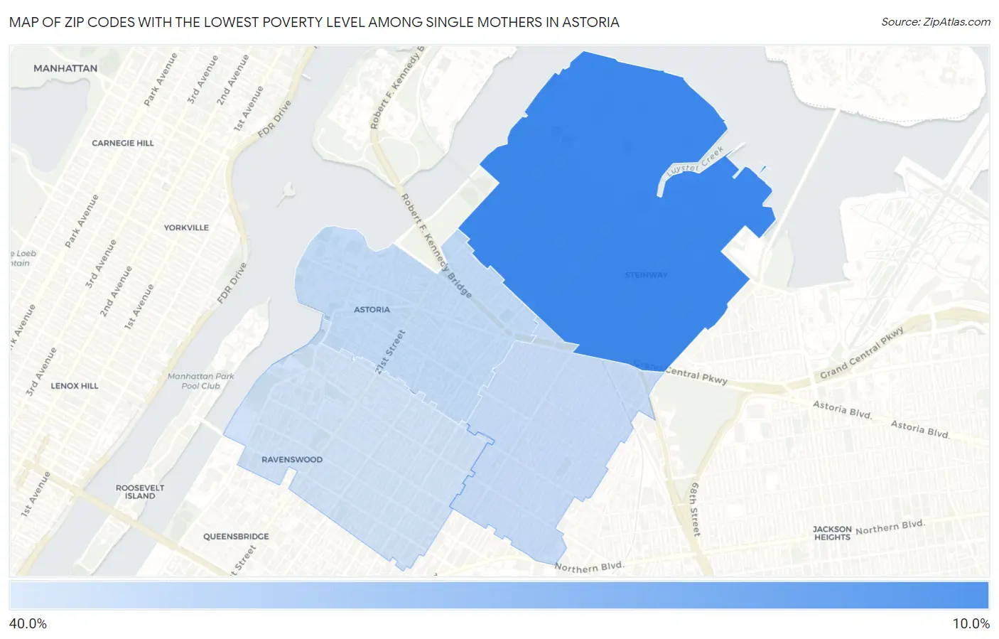 Zip Codes with the Lowest Poverty Level Among Single Mothers in Astoria Map
