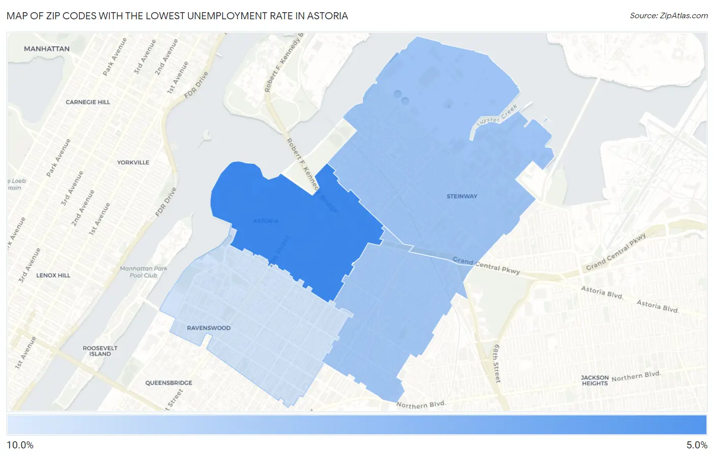Zip Codes with the Lowest Unemployment Rate in Astoria Map