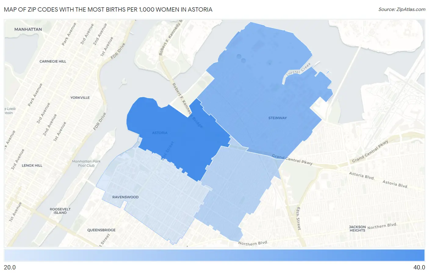 Zip Codes with the Most Births per 1,000 Women in Astoria Map