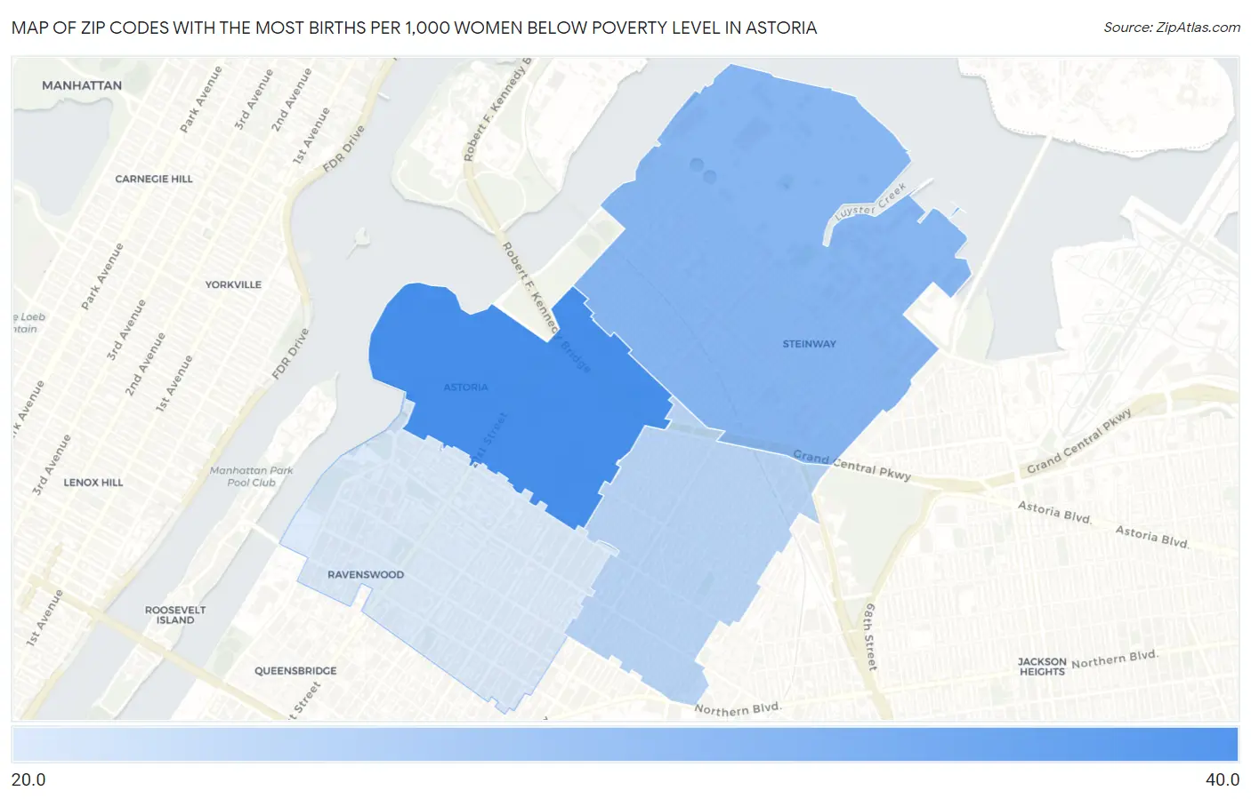 Zip Codes with the Most Births per 1,000 Women Below Poverty Level in Astoria Map