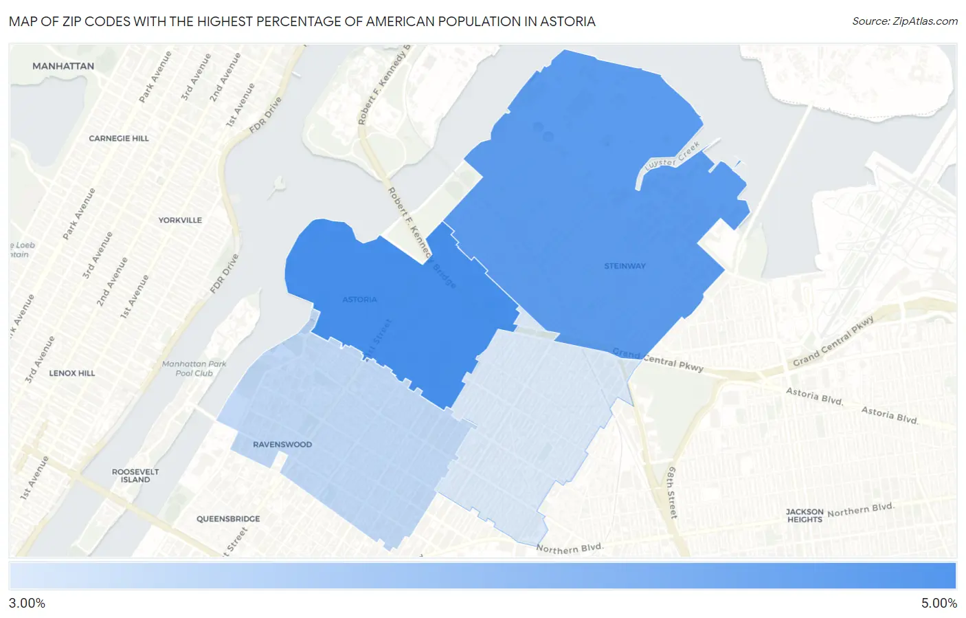 Zip Codes with the Highest Percentage of American Population in Astoria Map