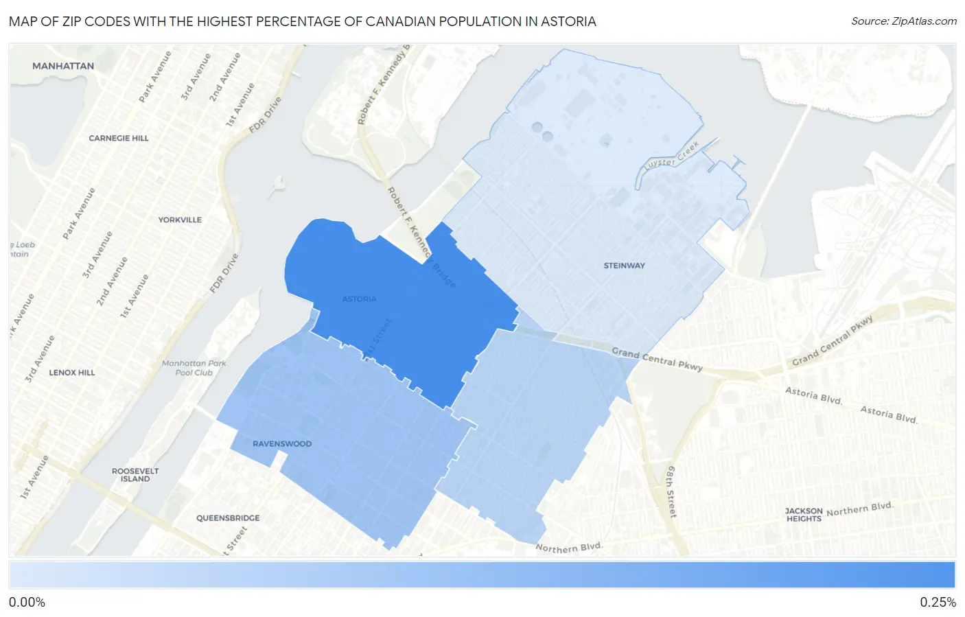 Zip Codes with the Highest Percentage of Canadian Population in Astoria Map