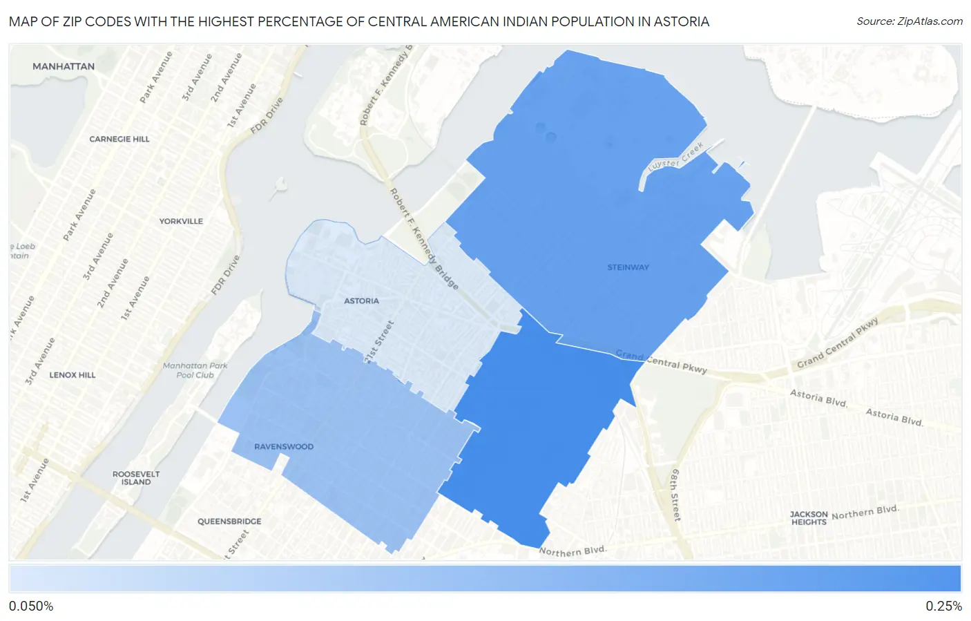 Zip Codes with the Highest Percentage of Central American Indian Population in Astoria Map