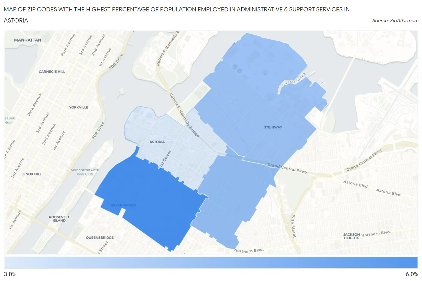 Zip Codes with the Highest Percentage of Population Employed in Administrative & Support Services in Astoria Map