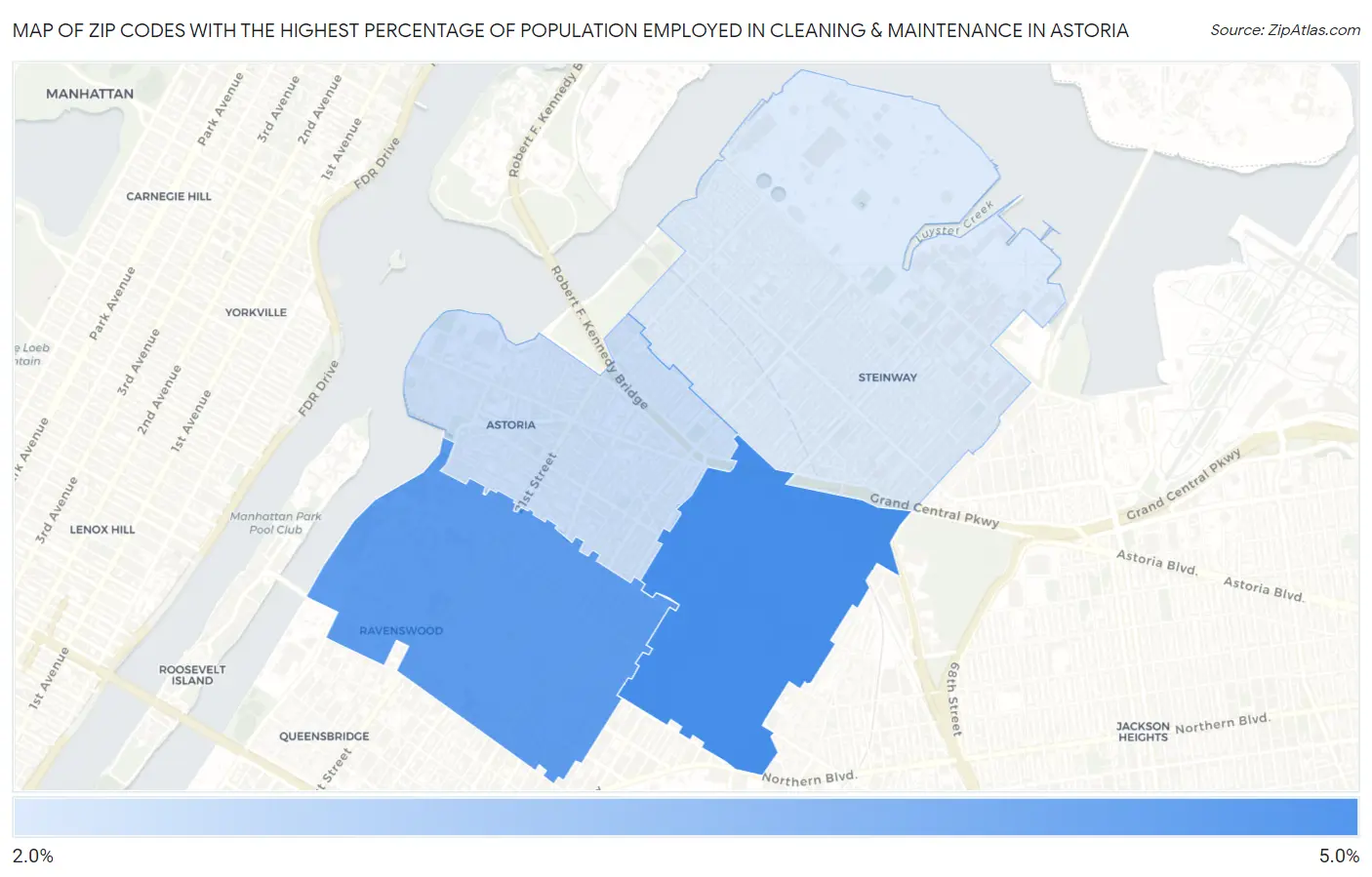 Zip Codes with the Highest Percentage of Population Employed in Cleaning & Maintenance in Astoria Map