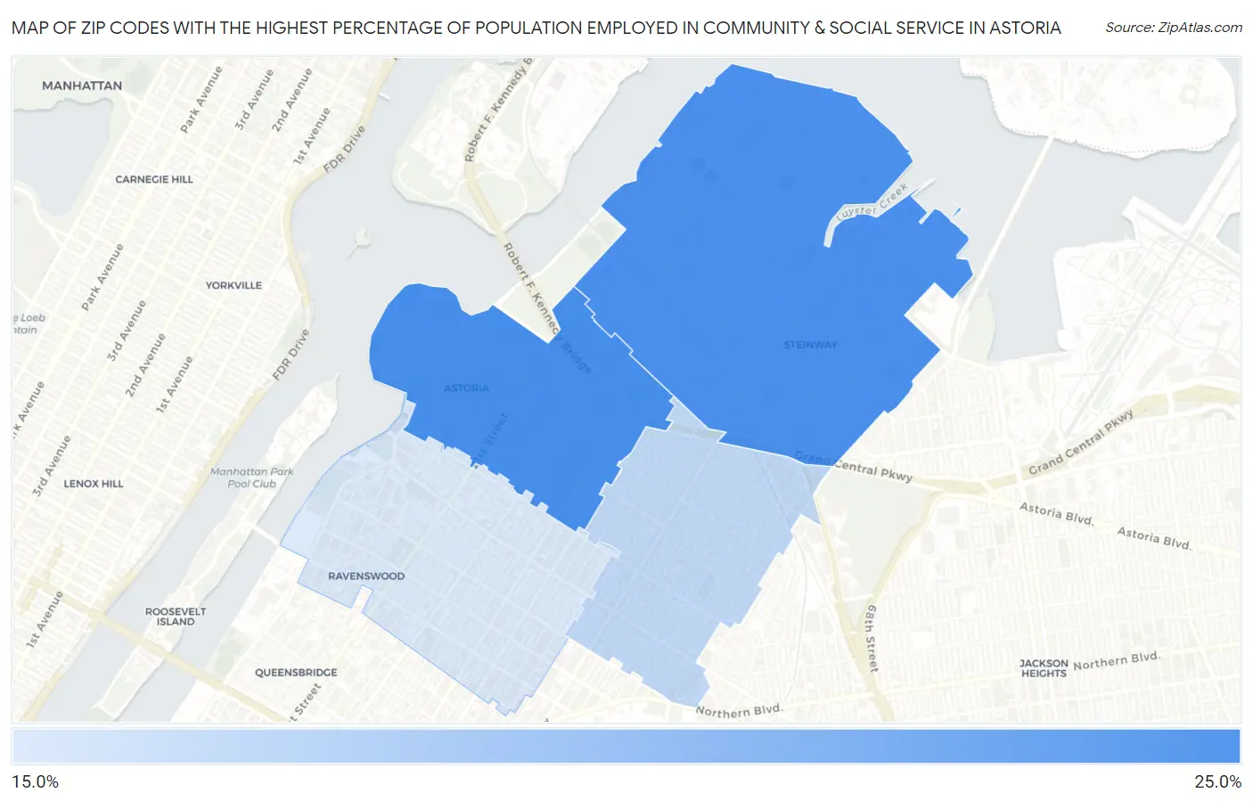 Zip Codes with the Highest Percentage of Population Employed in Community & Social Service  in Astoria Map