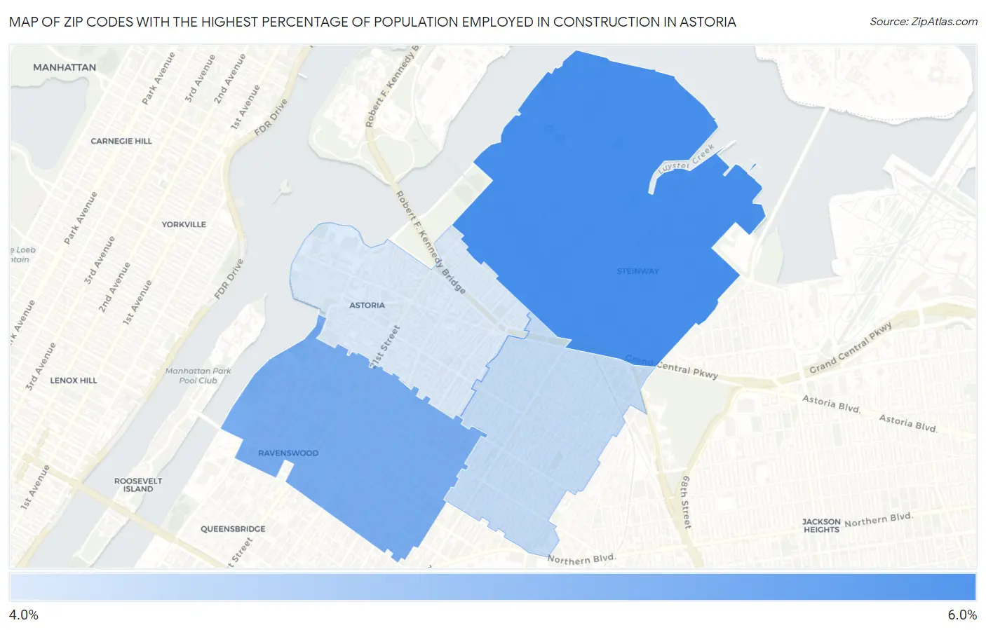 Zip Codes with the Highest Percentage of Population Employed in Construction in Astoria Map