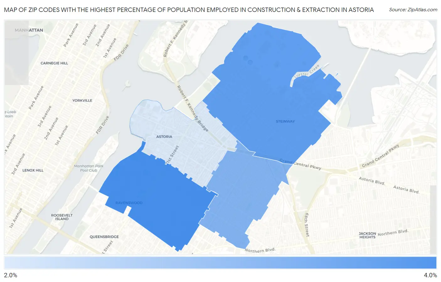 Zip Codes with the Highest Percentage of Population Employed in Construction & Extraction in Astoria Map