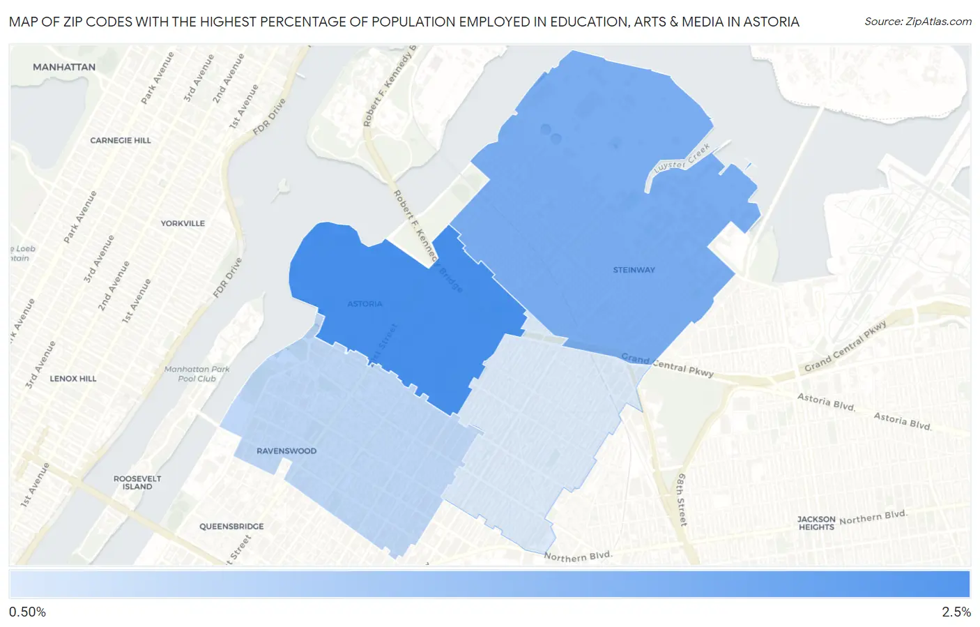 Zip Codes with the Highest Percentage of Population Employed in Education, Arts & Media in Astoria Map