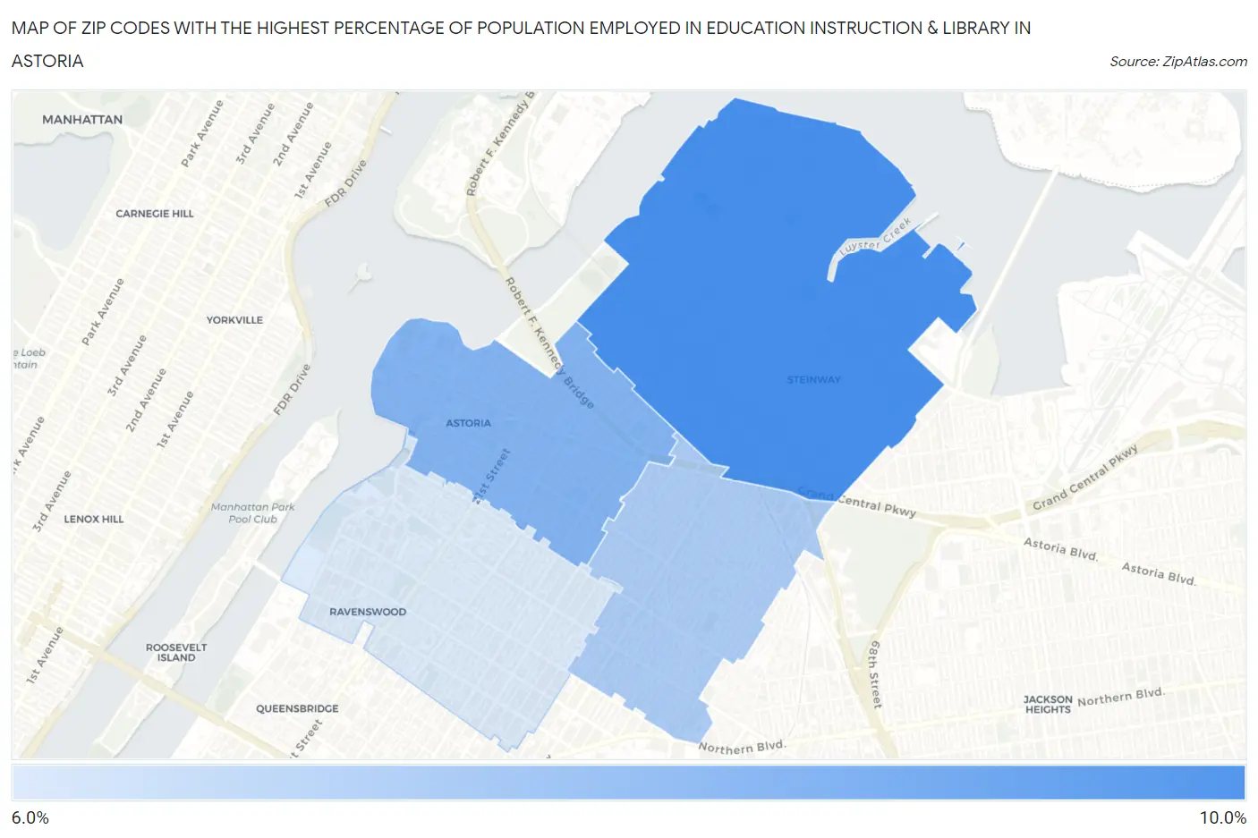 Zip Codes with the Highest Percentage of Population Employed in Education Instruction & Library in Astoria Map