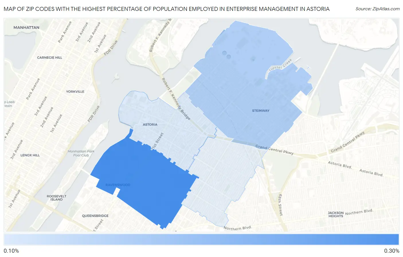 Zip Codes with the Highest Percentage of Population Employed in Enterprise Management in Astoria Map