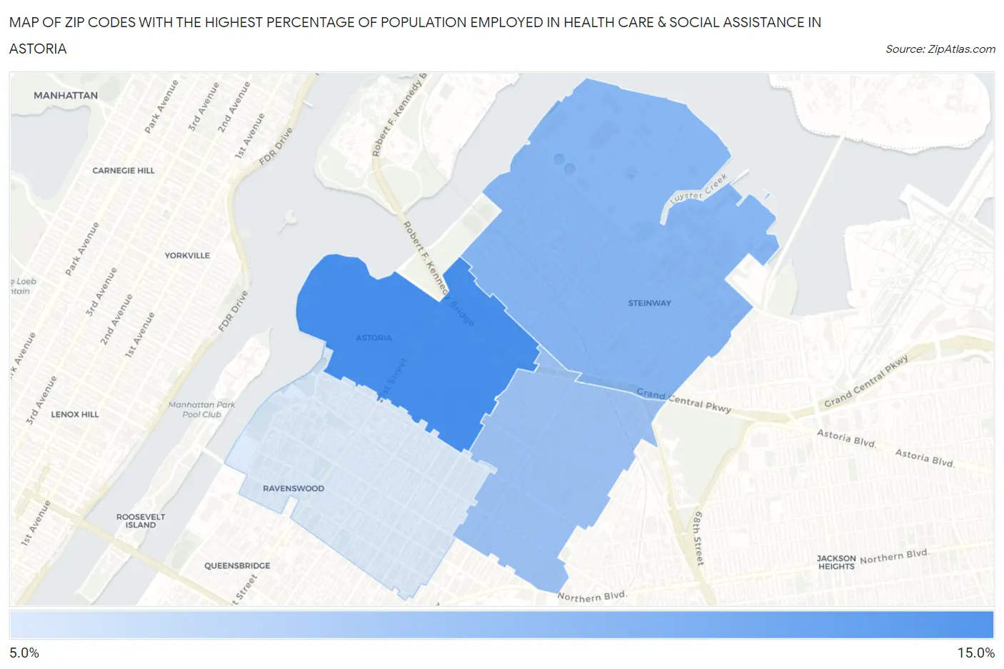 Zip Codes with the Highest Percentage of Population Employed in Health Care & Social Assistance in Astoria Map