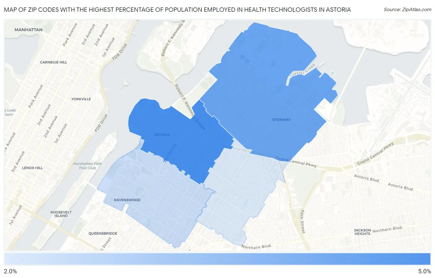 Zip Codes with the Highest Percentage of Population Employed in Health Technologists in Astoria Map