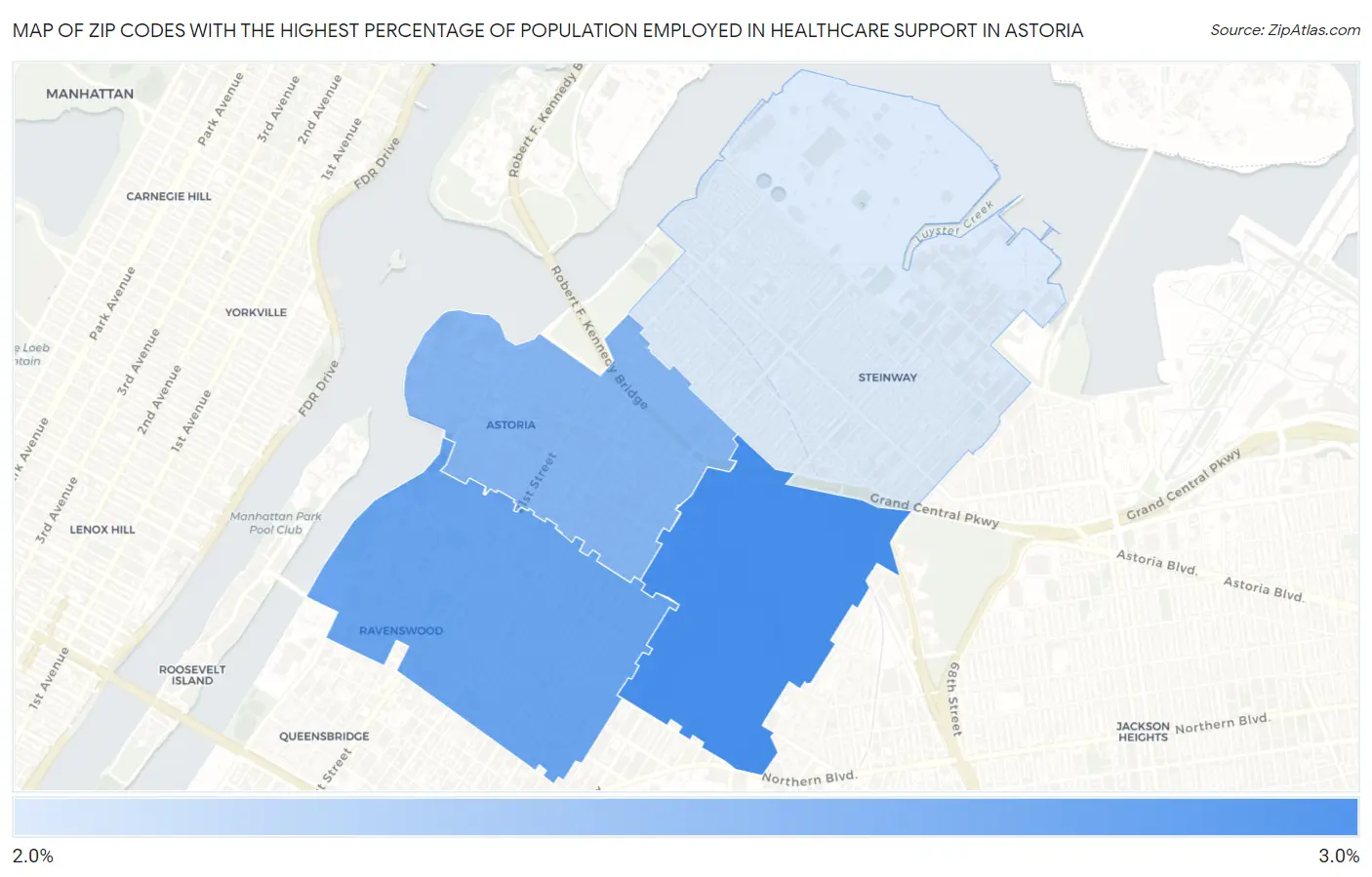 Zip Codes with the Highest Percentage of Population Employed in Healthcare Support in Astoria Map