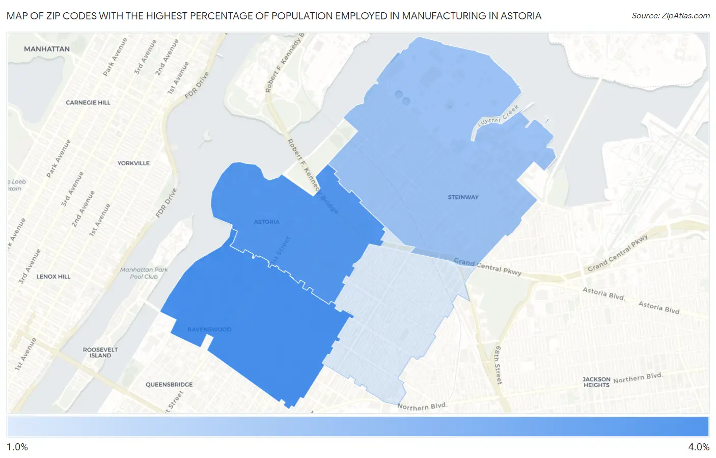 Zip Codes with the Highest Percentage of Population Employed in Manufacturing in Astoria Map