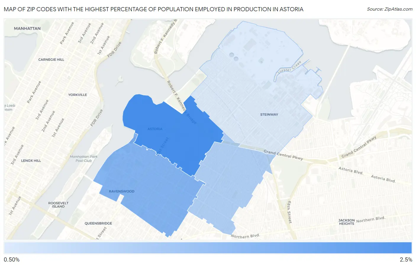 Zip Codes with the Highest Percentage of Population Employed in Production in Astoria Map
