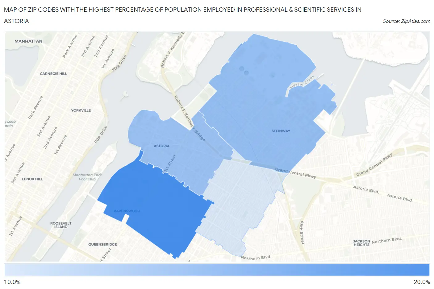 Zip Codes with the Highest Percentage of Population Employed in Professional & Scientific Services in Astoria Map
