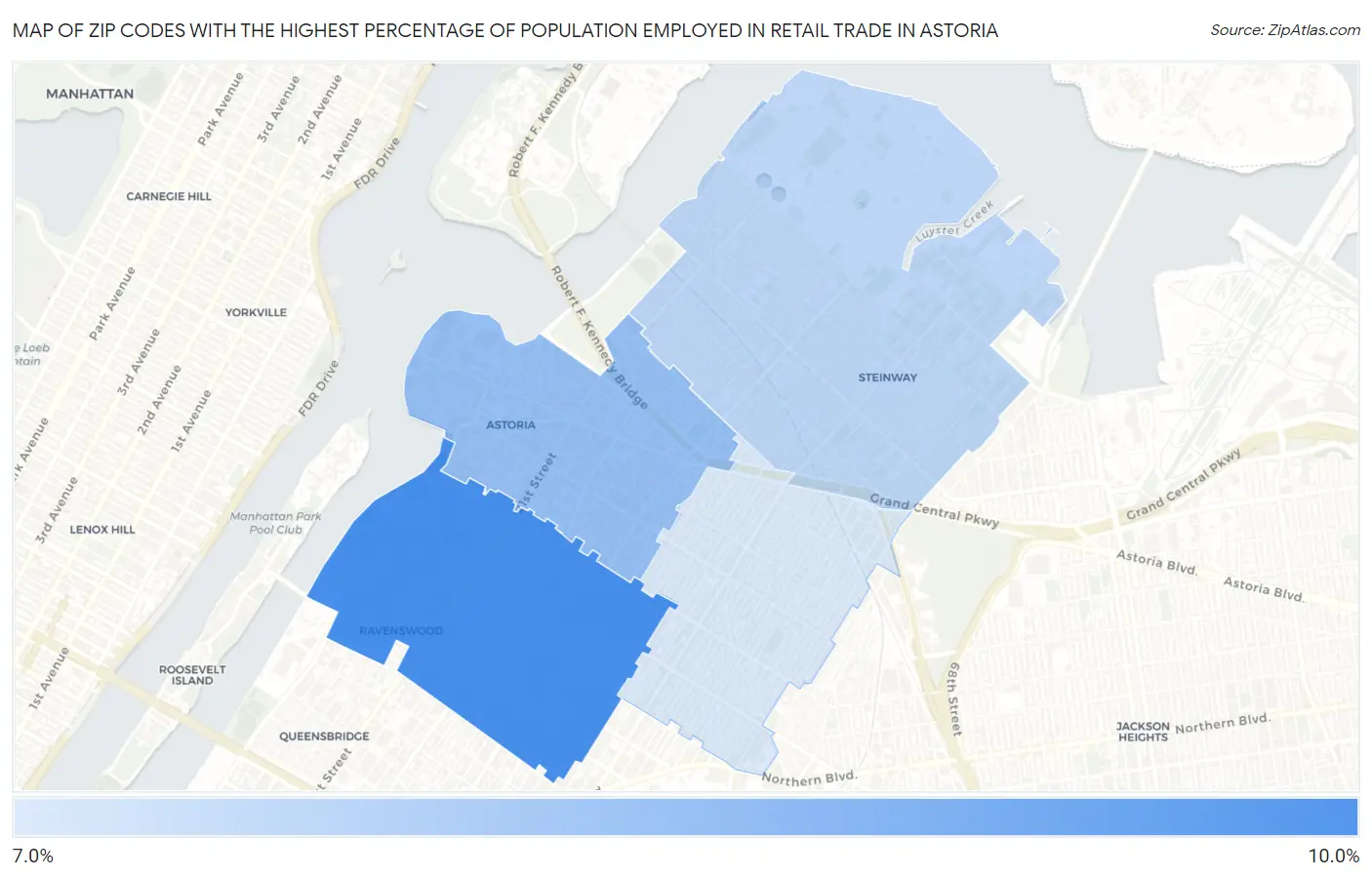 Zip Codes with the Highest Percentage of Population Employed in Retail Trade in Astoria Map