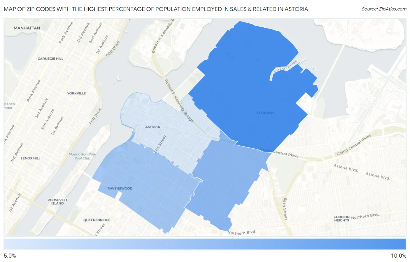 Zip Codes with the Highest Percentage of Population Employed in Sales & Related in Astoria Map