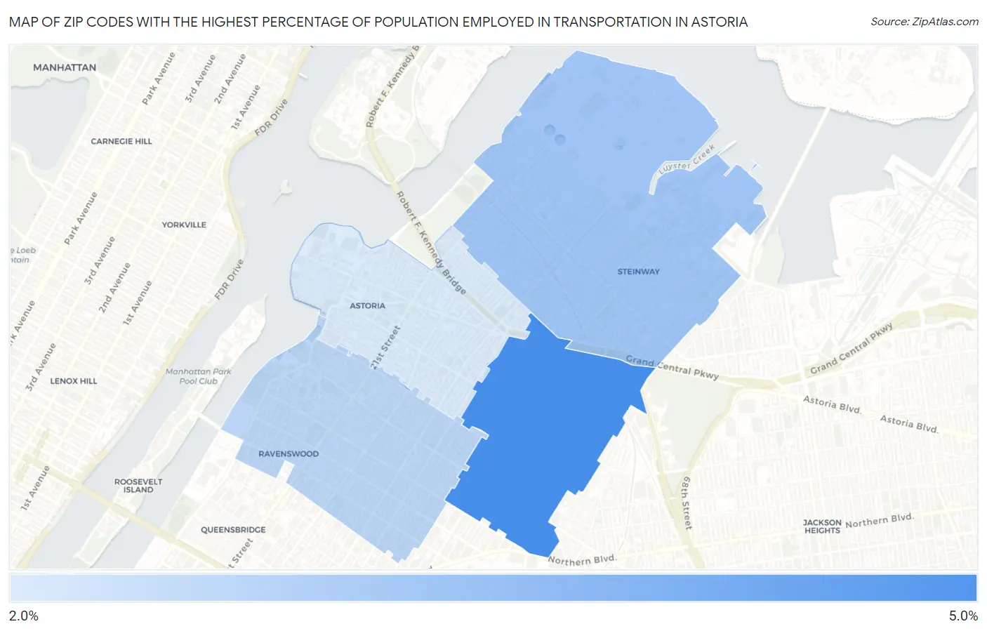 Zip Codes with the Highest Percentage of Population Employed in Transportation in Astoria Map