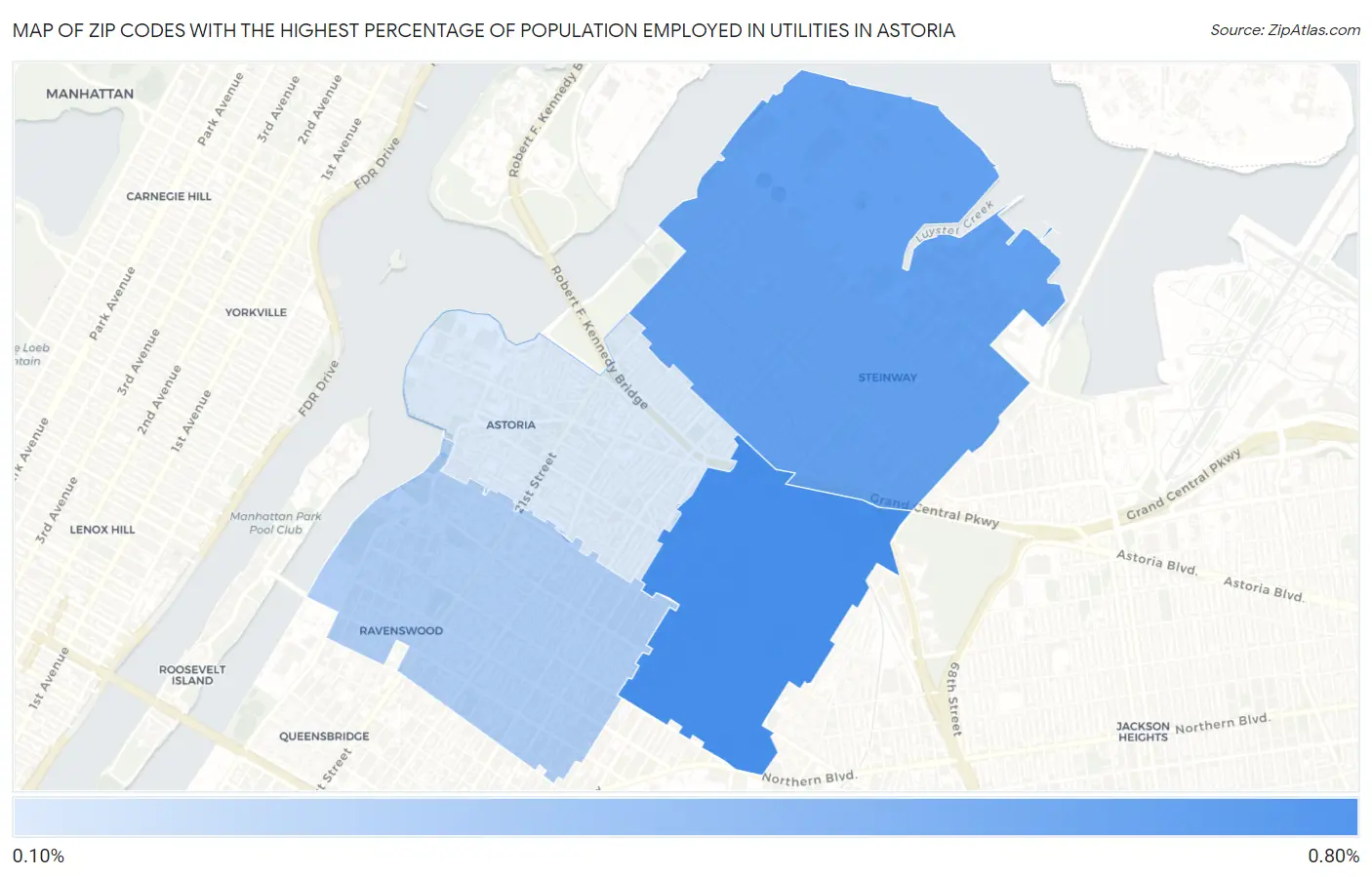 Zip Codes with the Highest Percentage of Population Employed in Utilities in Astoria Map