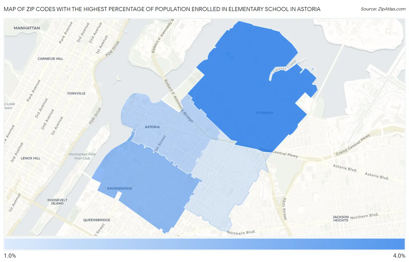 Zip Codes with the Highest Percentage of Population Enrolled in Elementary School in Astoria Map