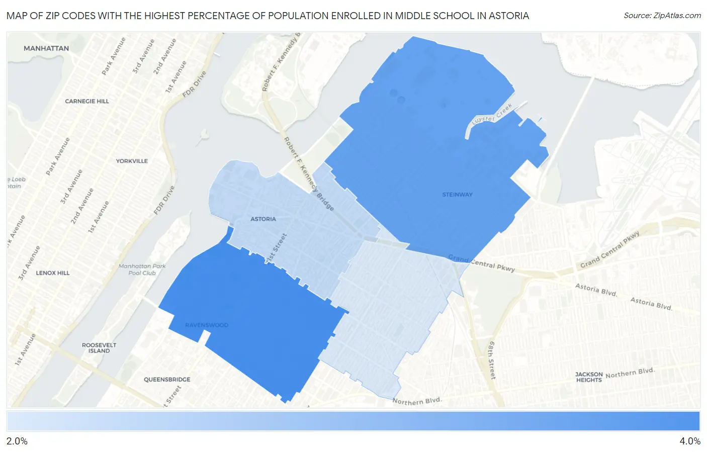 Zip Codes with the Highest Percentage of Population Enrolled in Middle School in Astoria Map